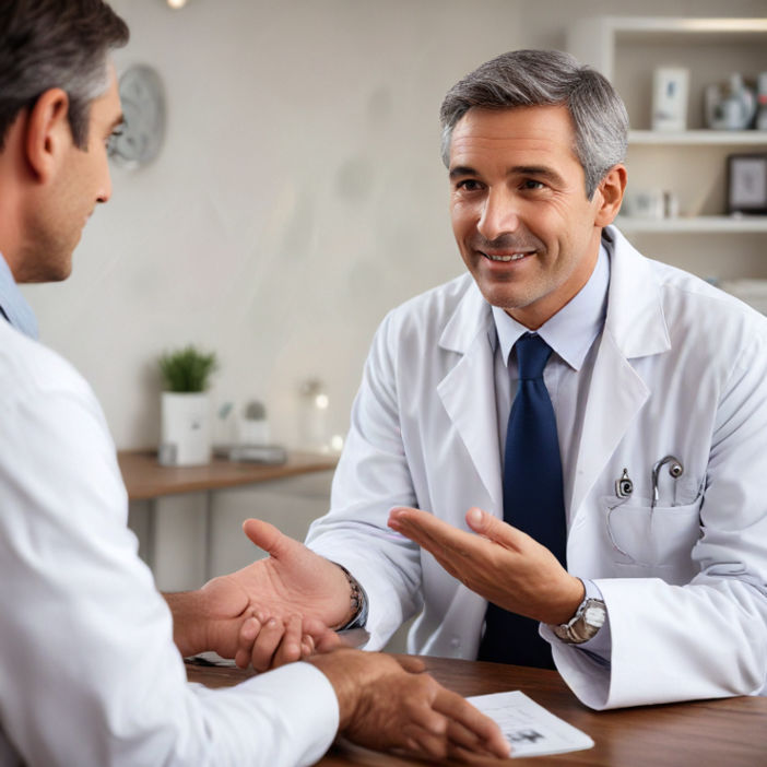 A doctor consulting a middle-aged man in a clinic, discussing treatment options with a friendly demeanor.