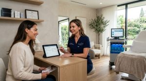 A modern luxury med spa interior with a licensed aesthetic professional consulting a patient